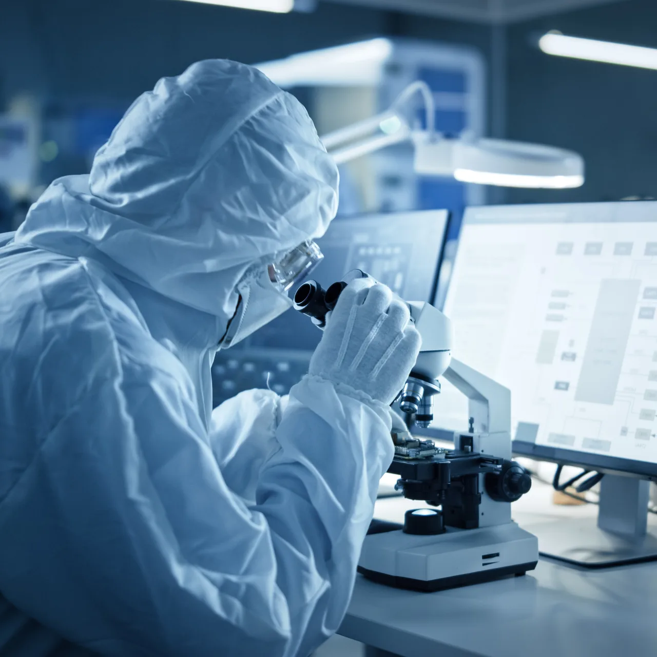 A researcher checking a sample under a microscope in a cleanroom